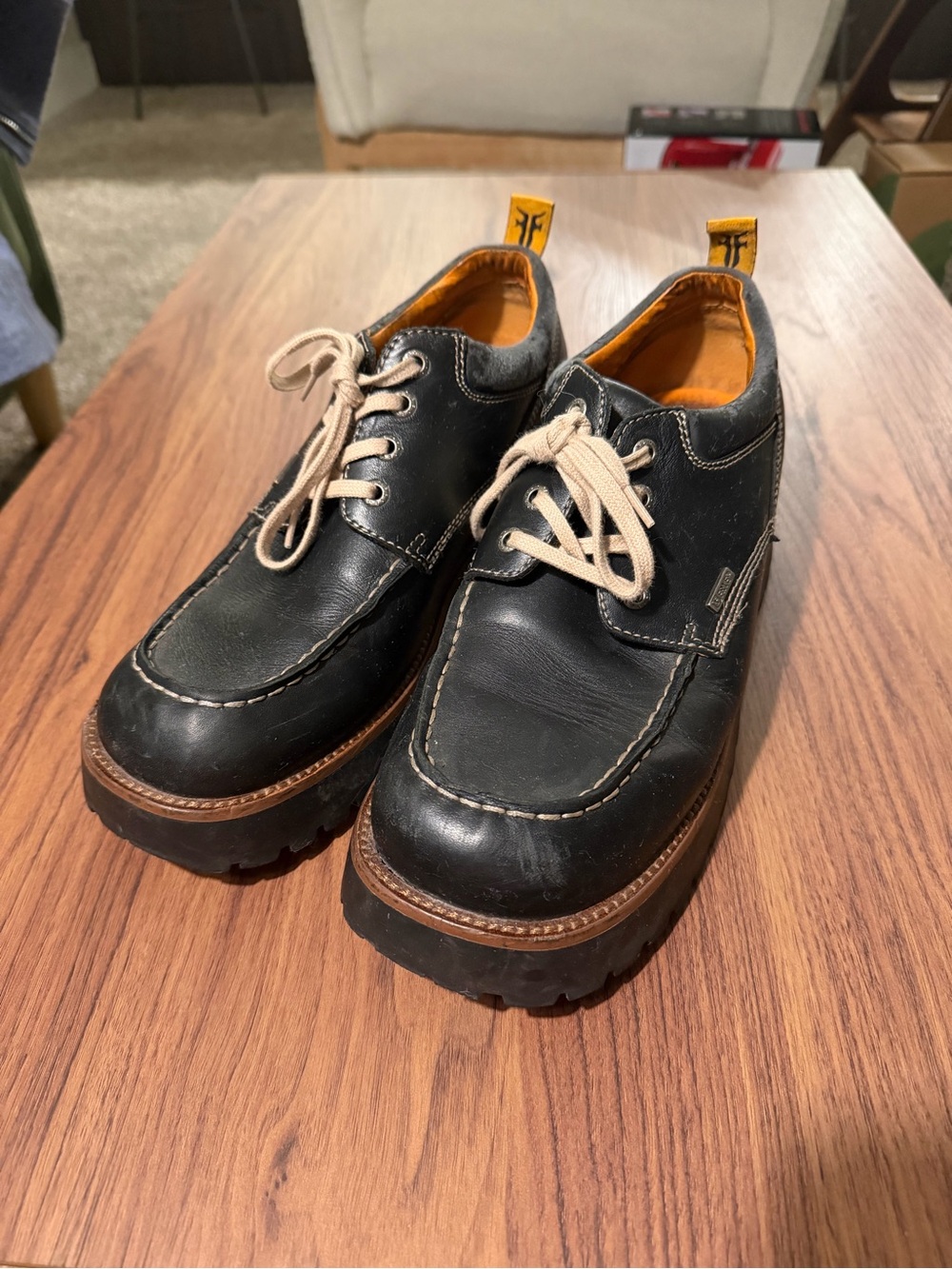 Frye Black Leather Lace-Up Oxfords with Tan Accents